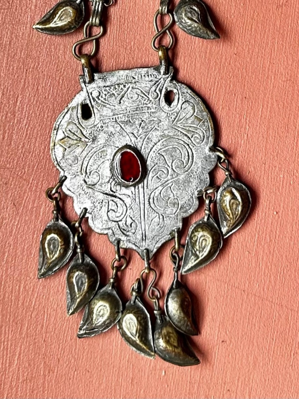 Vintage Turkman  silver alloy necklace with dangles